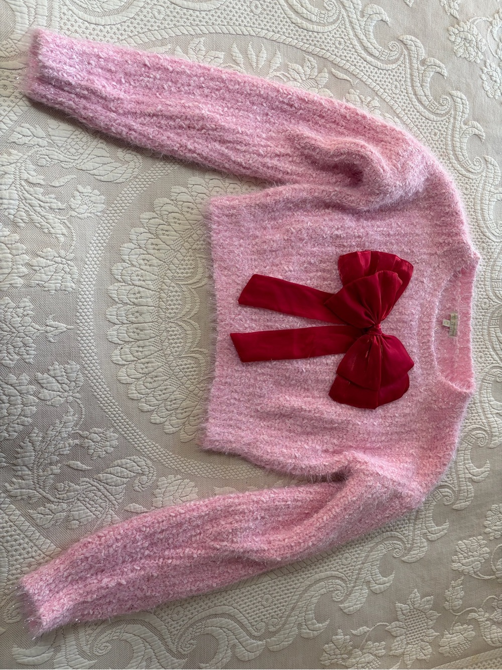 Simply Southern Pink Fuzzy Crewneck Sweater with Red Bow